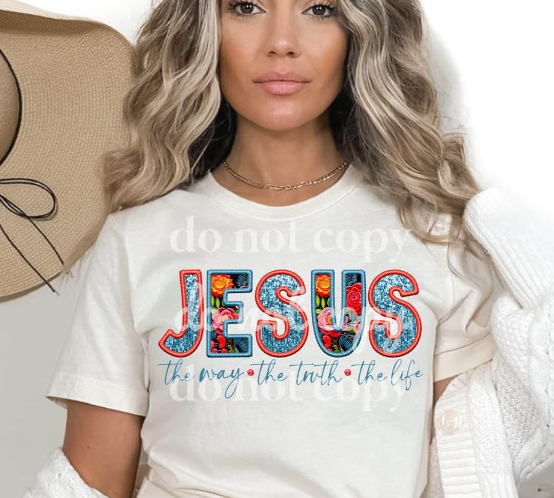 Jesus Embroidered Floral - Ready to Press DTF Transfer Full Color - Pro Blanks