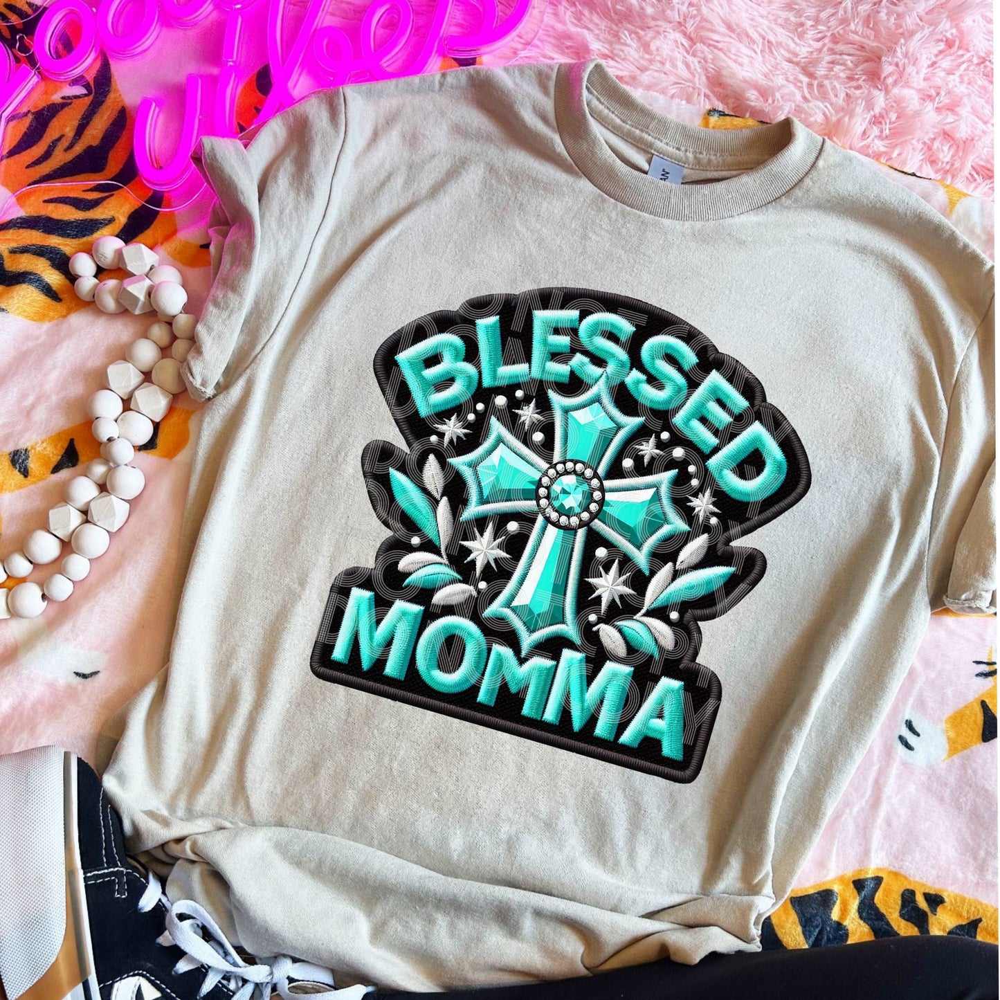 Blessed Momma Turquoise #3425 - Ready to Press DTF Transfer Full Color