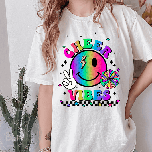 Cheer Vibes Peace Smiley - Ready to Press DTF Transfer Full Color